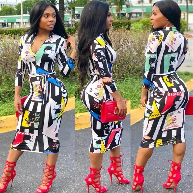 

OMILKA 2018 Autumn Women Long Sleeve V Neck Cartoon Printed Bodycon Dress Sexy Hip Hop Harajuku Club Party Midi Dress