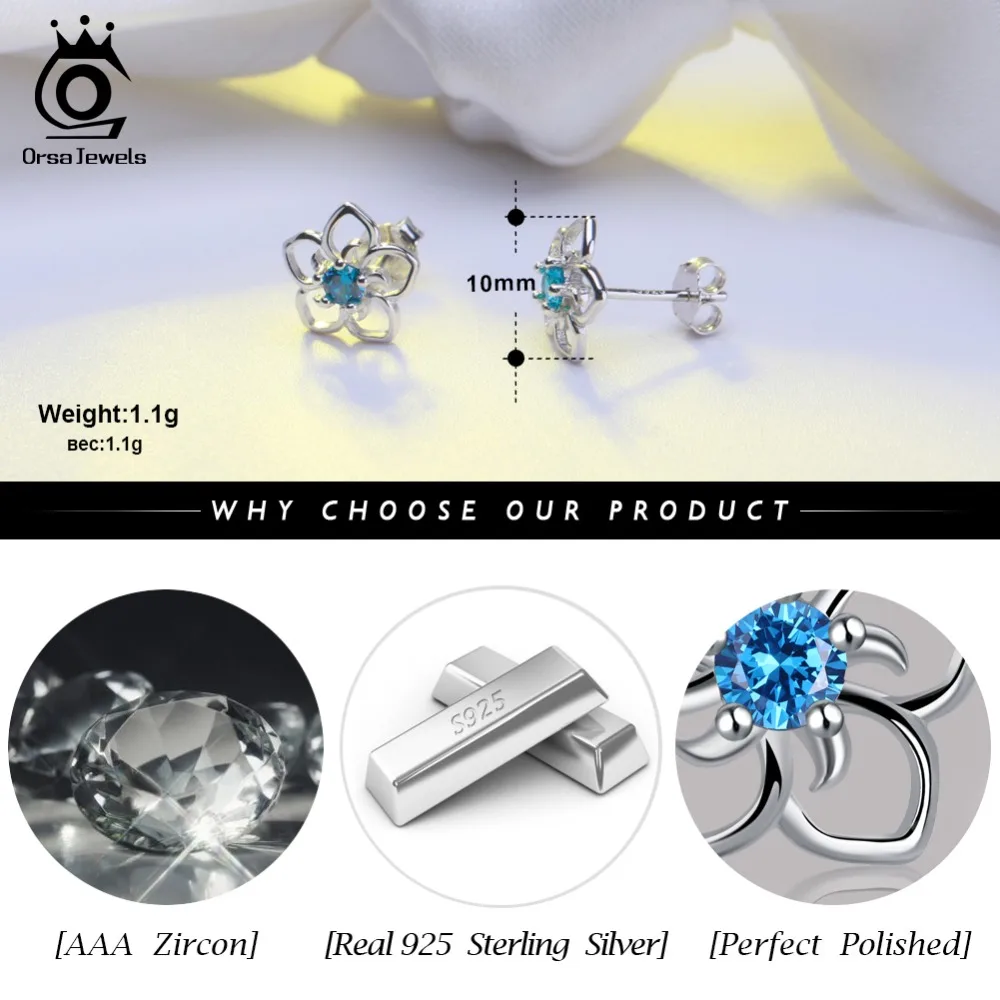 ORSA JEWELS настоящий 925 пробы, серебряные ювелирные наборы, выдолбленный цветочный дизайн с голубым AAA CZ вечерние колье серьги SS23-L