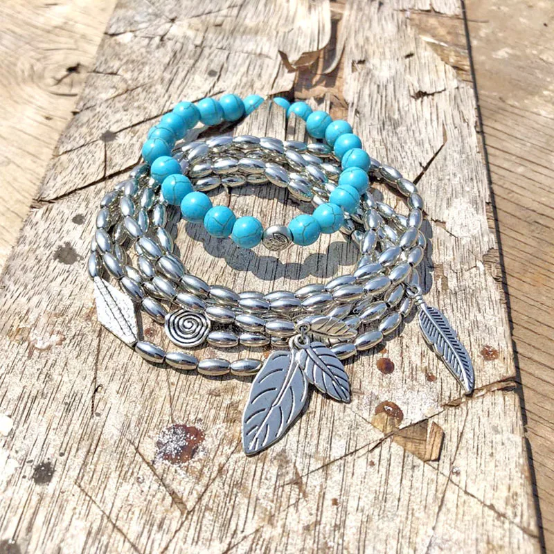 UAM Boho Hand Jewelry Natural Stone Beaded Bracelets &amp Bangles Plant Leaves Charm Bracelet Silver Multiple Layers Pulseras Women |