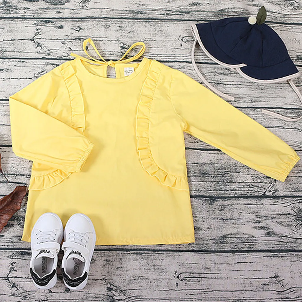Детские топы для маленьких девочек однотонные с длинными рукавами и оборками на