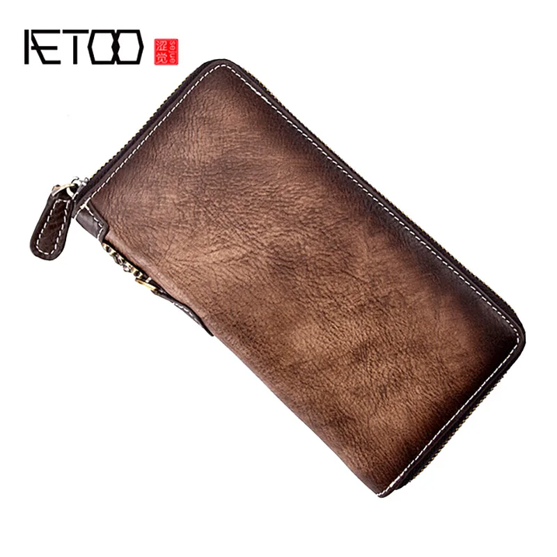 Винтажный Мужской кошелек AETOO Длинная кожаная сумка на молнии