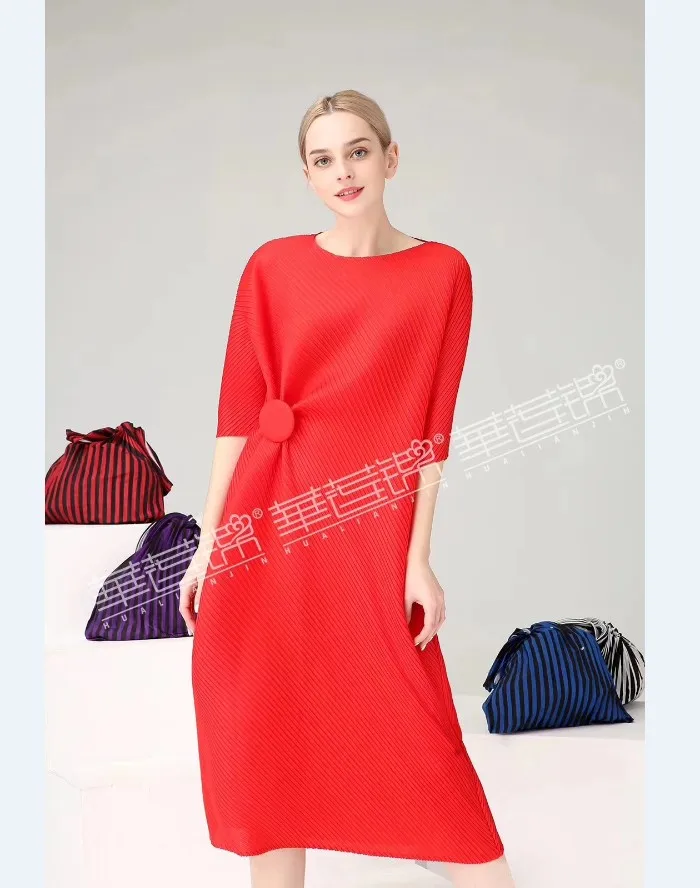 Miyake модное платье на запястье с коротким рукавом, с блестками, с круглым вырезом, со складками, на пуговицах, прямое платье