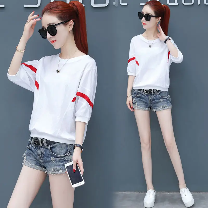 Повседневные футболки для женщин из кусков в красную и черную полоску с рукавами