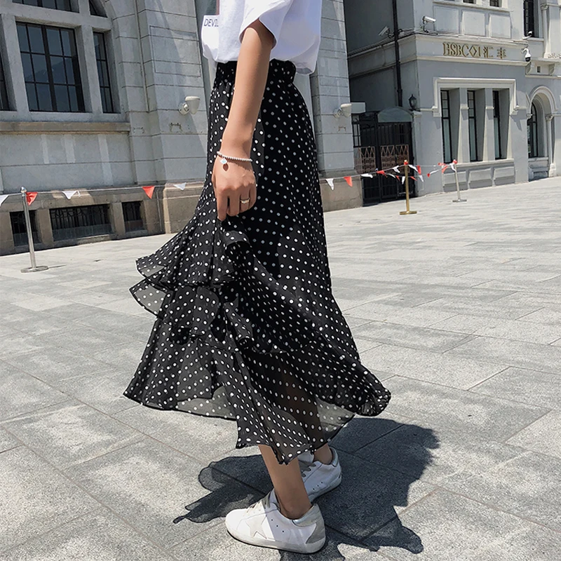 Женская ассиметричная юбка BGTEEVER с каскадными оборками в горошек а-силуэта на