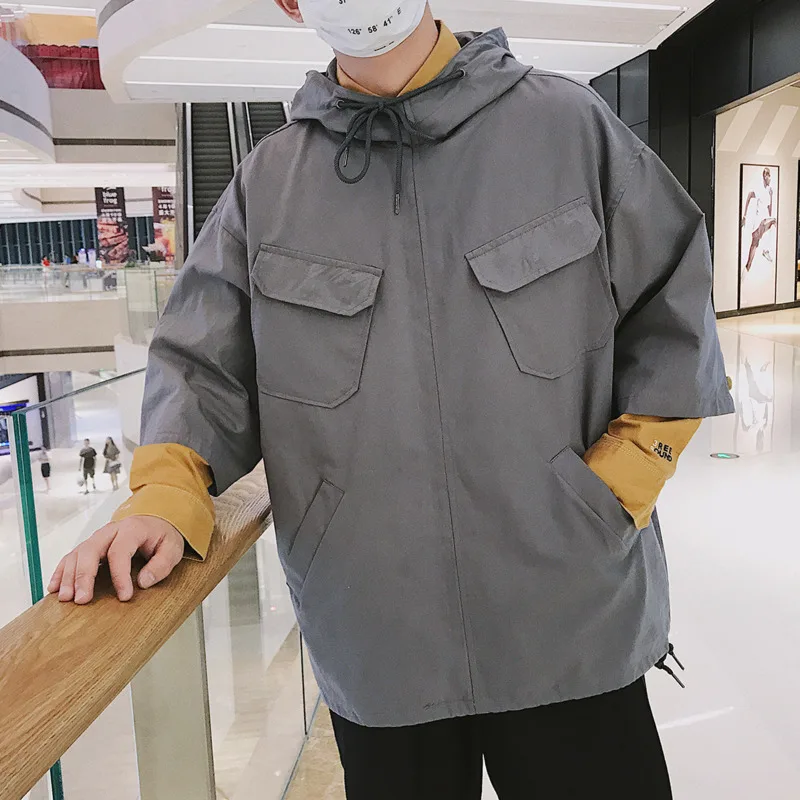 2018 Весна Новый мужской пуловер куртка семь точек рукав с капюшоном СВОБОДНЫЙ