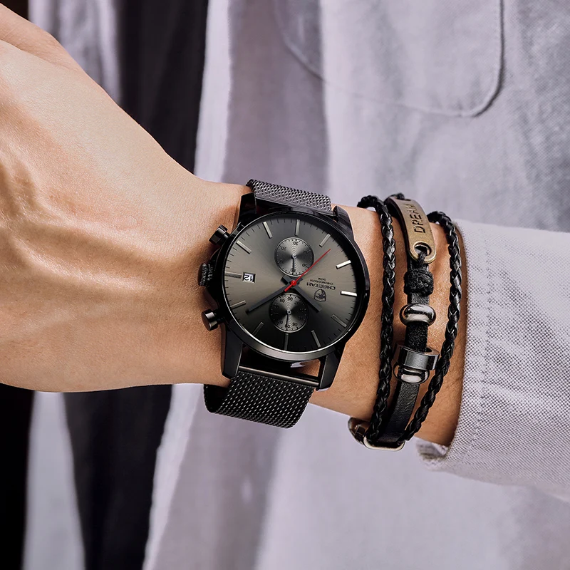 Часы мужские кварцевые с хронографом водонепроницаемые кожаным ремешком -