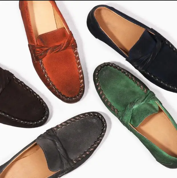 

Genuine Leather New Spring Men's Casual Shoes Vintage Nubuck Slip-On Flats Loafers Handmade Knitting Moccasin Gommino Dress Shoe