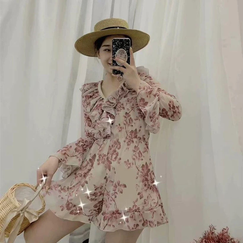 Boho женские комбинезоны кружева с цветочными рисунками короткие гофрированное обернутое летнее коcтюм с длинными рукавами Свободный женский вырез с оборками комбинезон
