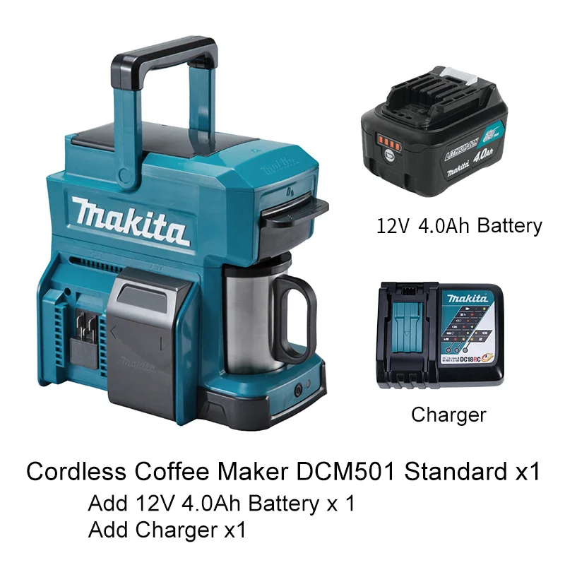 Add 12V 4.0AHBattery Япония Makita Беспроводная Кофеварка DCM501 перезаряжаемая кофемашина 18 в уличная удобная в переноске Рабочая кофемашина 12 в 250 мл - Цвет: Add 12V 4.0AHBattery