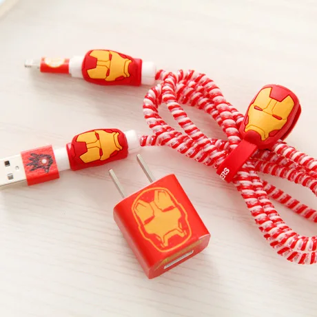 Супергерой Мстители Железный человек защита для usb-кабеля набор с мультяшными наклейками USB зарядное устройство кабель шнур протектор для iphone - Цвет: 1