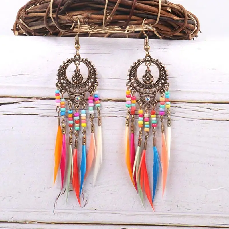 Женские винтажные серьги подвески с перьями в этническом Радужном стиле