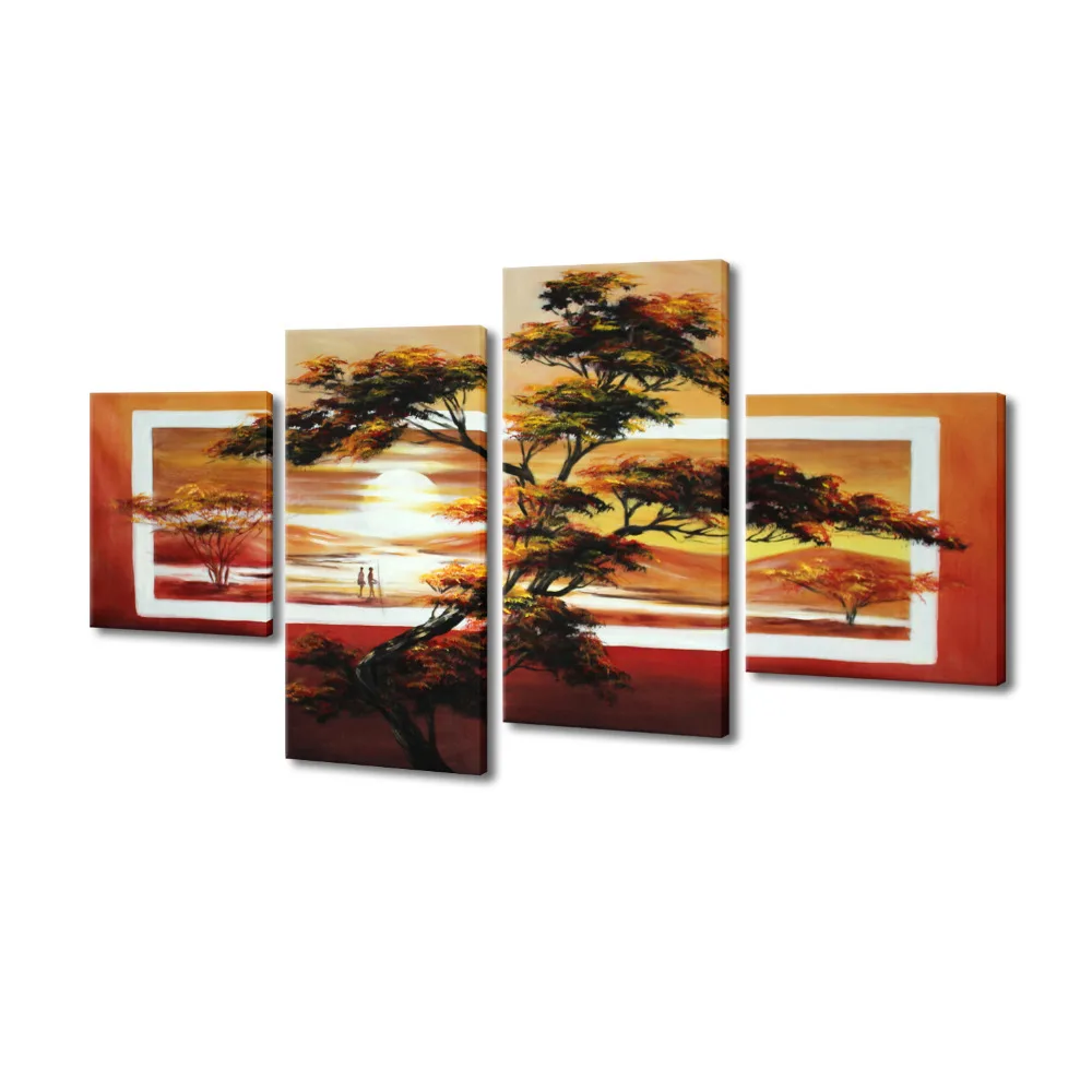 Hand Painted Modern Home Decoration Group Oil Painting African Landscape 4 Piece Canvas Wall Art Free Shipping | Дом и сад