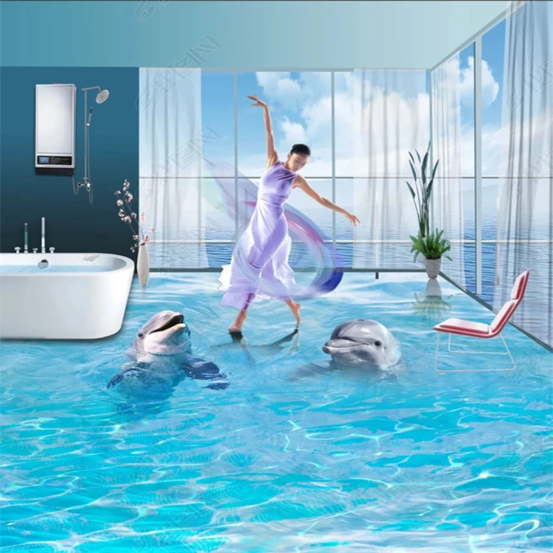 

beibehang papel mural Dolphin Ocean Photo Wallpaper 3d Floor Wallpaper Home Decor Bathroom Kitchen Mulch wallpaper self adhesive