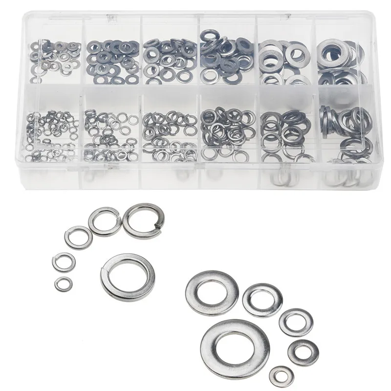 

350PCS Stainless Steel Flat Spring Lock Washers Fasteners Assortment Kit 12 Sizes for Car Auto Vehicle Air with Box M3-M10