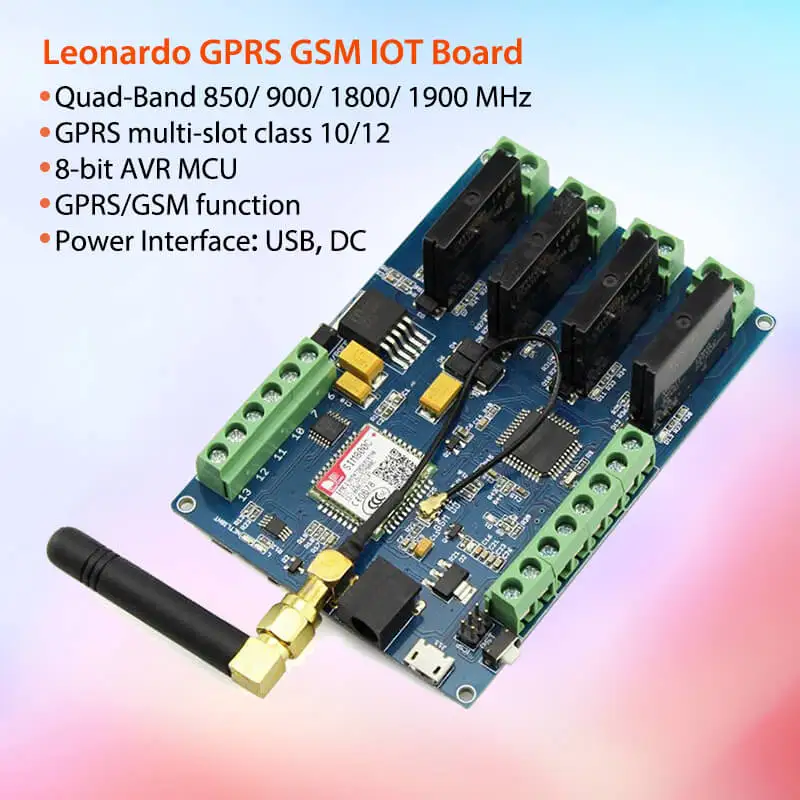 Плата Elecrow Leonardo GPRS GSM IOT с релейными переключателями SIM800C, Комплект «сделай сам» для беспроводных проектов, интегрированная плата с 8-битным AVR MCU Плата Elecrow Leonardo GPRS GSM IOT с релейными переключателями SIM800C, Комплект «сделай сам» для беспроводных проектов, интегрированная плата с 8-битным AVR MCU