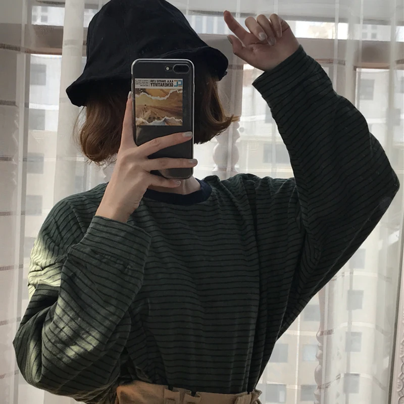 green tops Женские корейские винтажные футболки Харадзюку, Весенняя Повседневная полосатая футболка большого размера для девочек, женская одежда с длинными рукавами, черные топы Kpop - Цвет: green tops