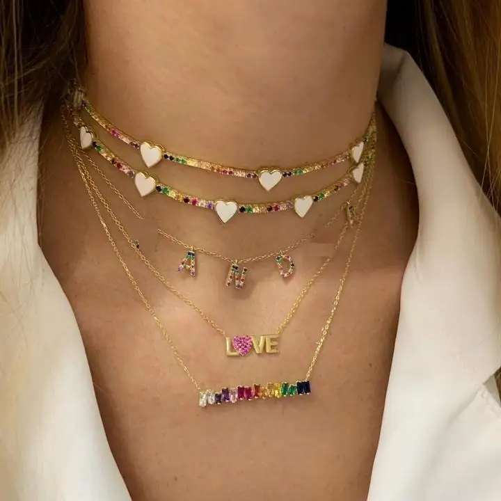 2023 Mother's Day Gift Rainbow Multi Color Heart Charm Link Chain Choker Gorgeous Women Statement Necklace Tennis Chain Chocker