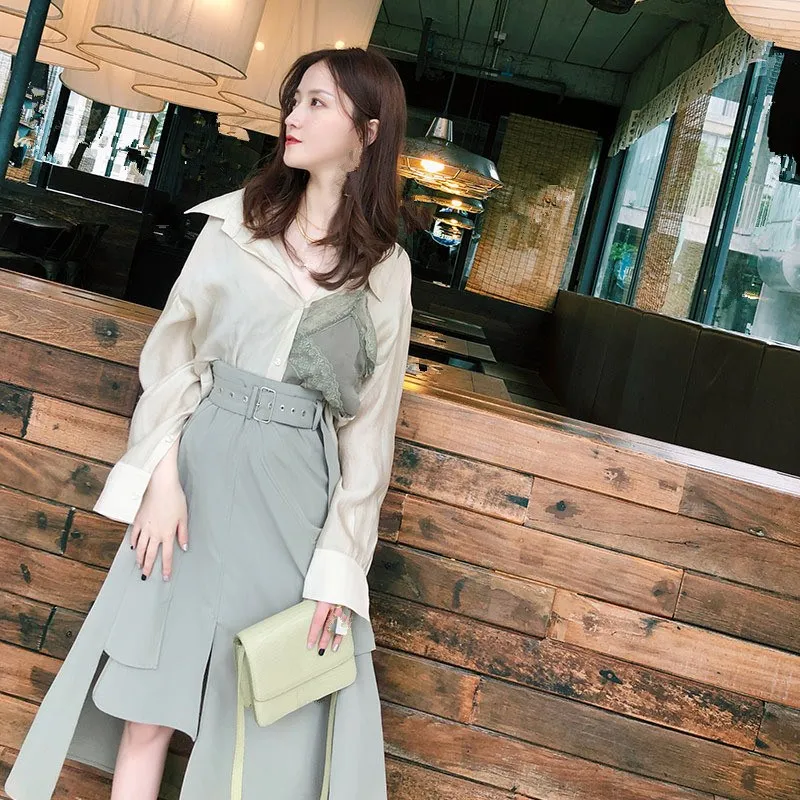 Модные женские костюмы с юбкой кружевная Лоскутная рубашка и Облегающие юбки