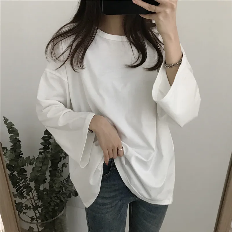 Spring women T-shirt 2018 new solid color long-sleeved female t-shirt wild was thin medium long round neck ladies cw064 | Женская одежда