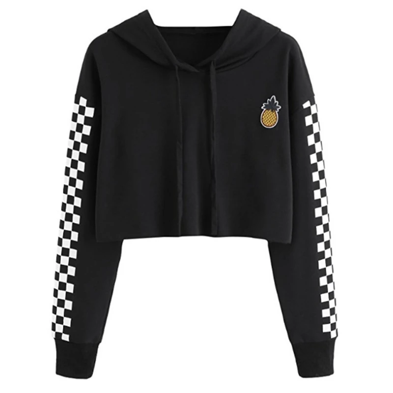 Черный Модные женские кроп Топы толстовка с вышивкой ананаса клетчатые толстовки пуловер N5_D - Цвет: Черный