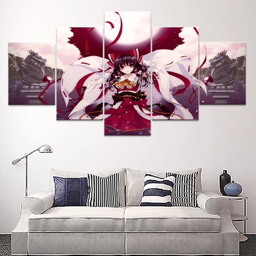 Домашний декор Hd принты картины в рамке 5 штук Touhou Reimu Hakurei настенное искусство