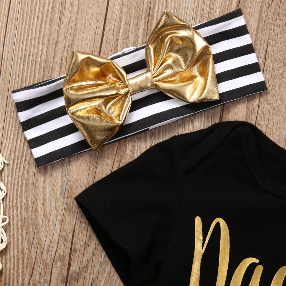 Newborn Baby Boy Girl 3pcs Outfit Clothes Set Short Sleeve Daddy Romper Tops+Striped Leg Warmer Bow Headband Outfits | Детская одежда и