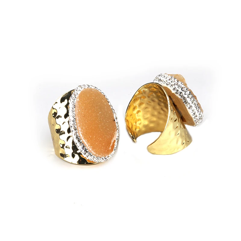 Натуральное шампанское Грубая Druzy Drusy Кристальный камень Золотое кольцо со