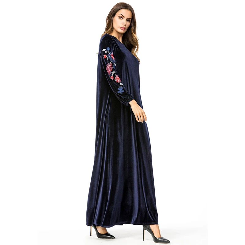 MISSJOY, Осень-зима, женское платье, темно-синее, длинный рукав, вышивка, abaya, модное, Mulim, Дубай, повседневное, вельветовое, макси платье для женщин