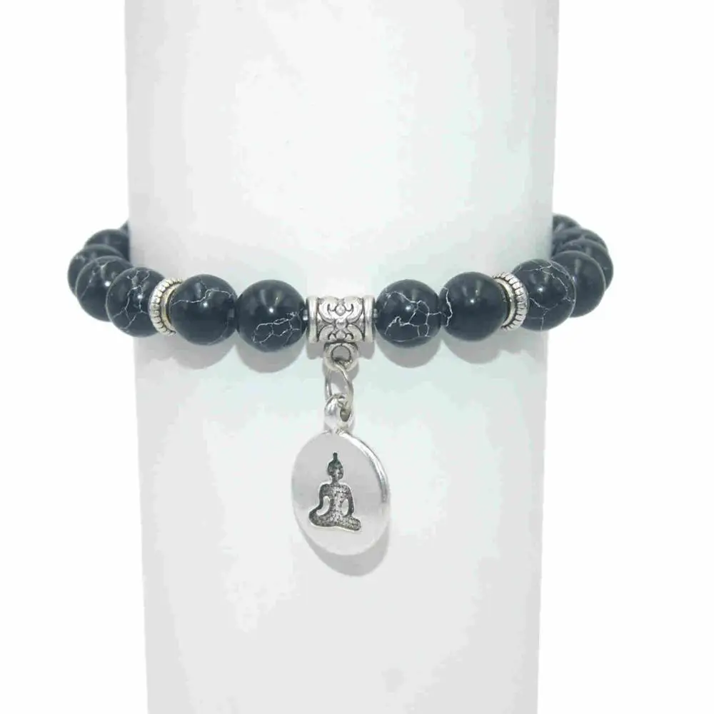 Black Turquoise Будда из натурального камня бусины аметисты Агаты лазурит тигровый глаз бирюза для мужчин Исцеление йогой баланс браслет - Окраска металла: Black Turquoise