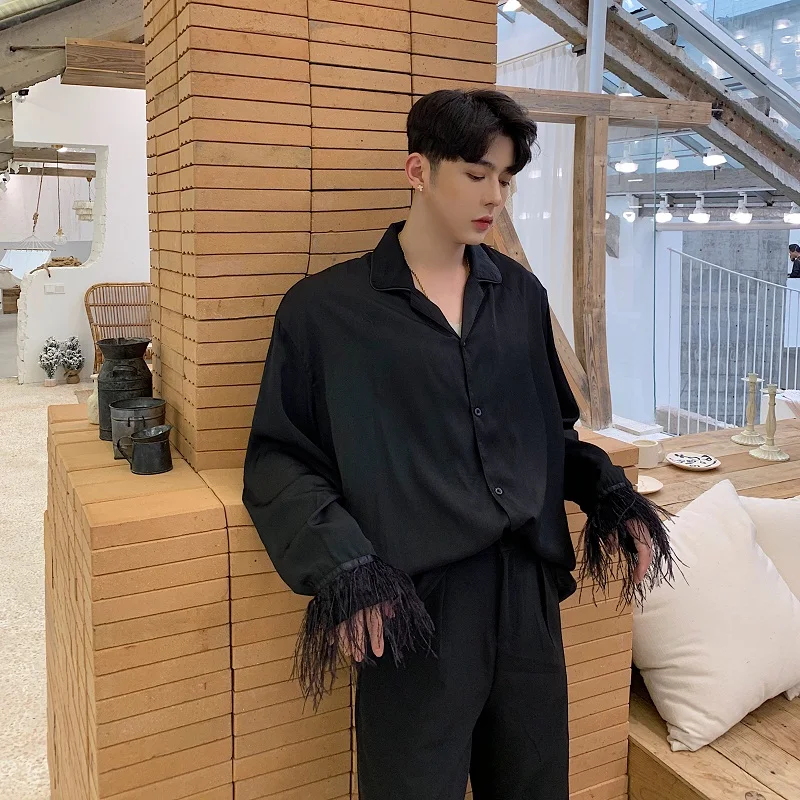 

Male Harajuku Streetwear Vintage Dress Shirts Men Spring Summer Clothing Men Casual Loose White Black Hair Long Sleeve Shirts