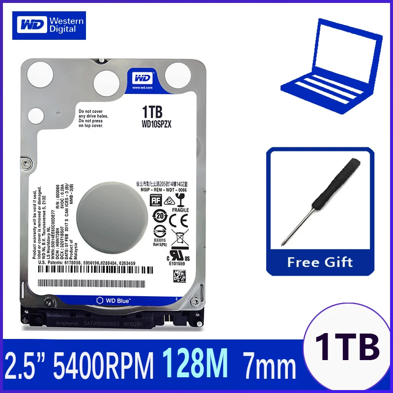 Внутренний жесткий диск WD Blue 1 ТБ 2 5 дюйма SATA III 1000 Гб HDD Винчестер 6 ГБ/сек. 128 м 7 мм