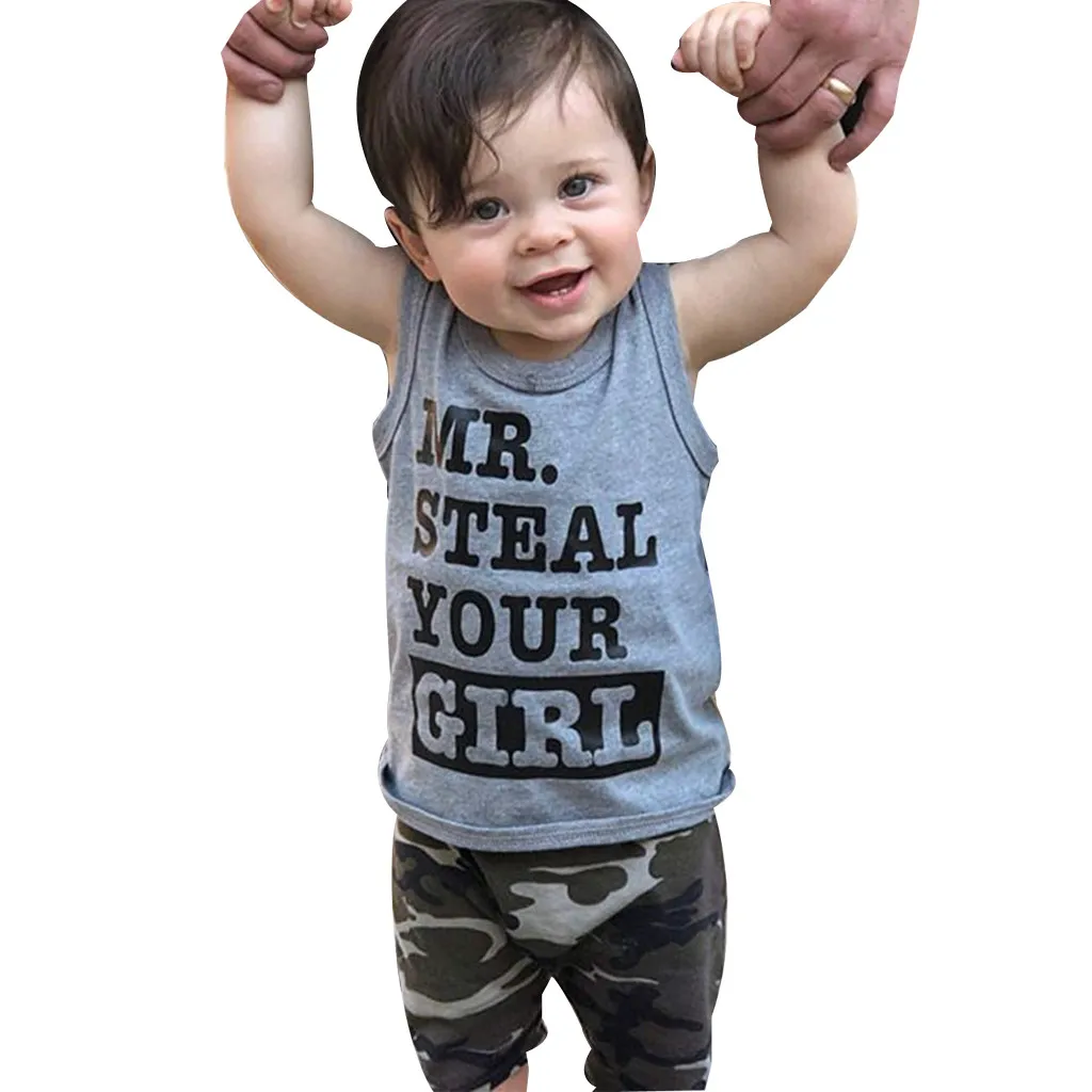 Комплекты одежды для мальчиков детская одежда Vetement Enfant/Одежда для маленьких мальчиков, жилет футболка Топы+ камуфляжные шорты штаны Одежда, комплект