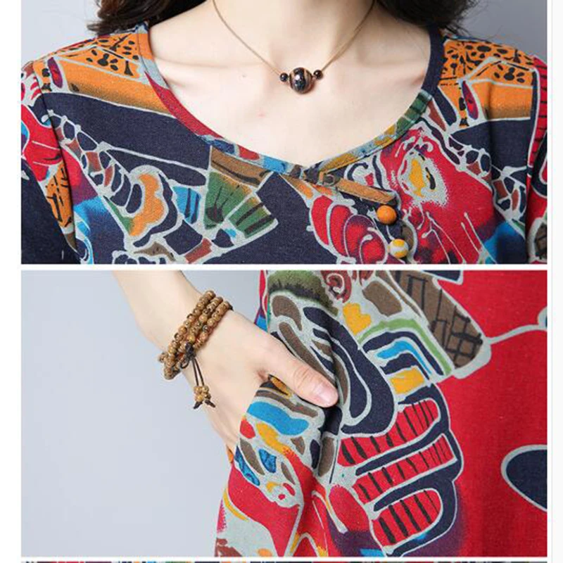

New 2018 Spring Summer Fashion cotton linen Dress Women's Long Sleeves flowers Print XXL long Dress O-neck loose robe QH1319
