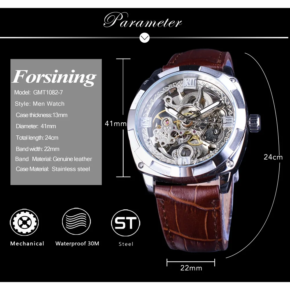 Часы скелетоны мужские из серебра 2018 пробы водостойкие с автоподзаводом|Мужские