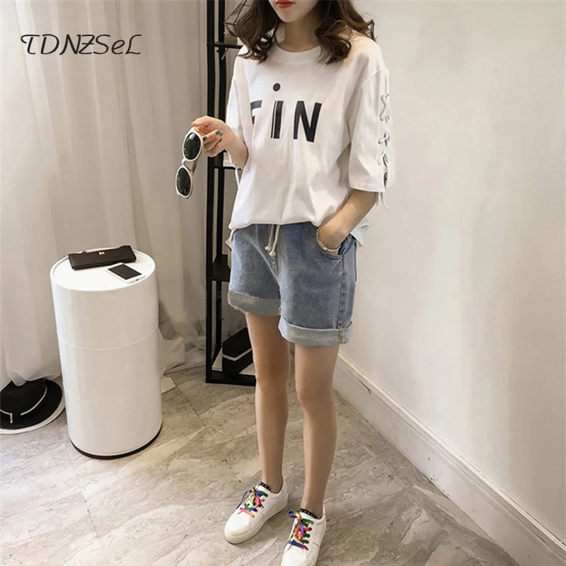 Летние шорты футболка с длинным рукавом Женская Свободные Большой Размеры