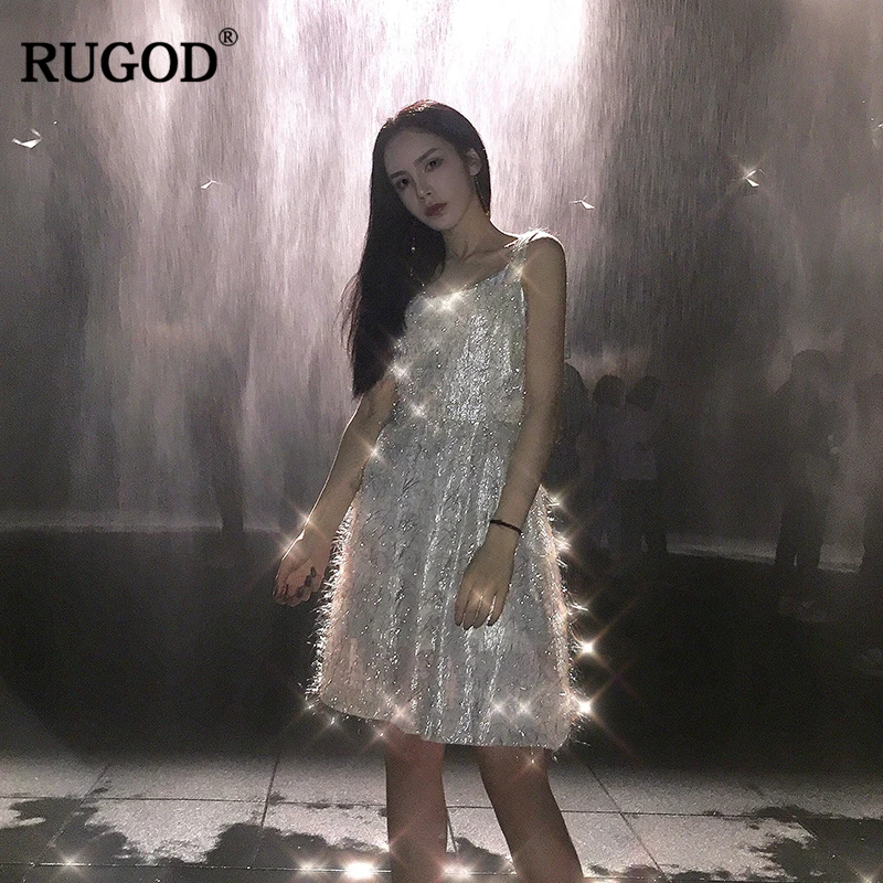 RUGOD 2018 Новое поступление Стильное женское платье Лето Осень однотонное блестящее
