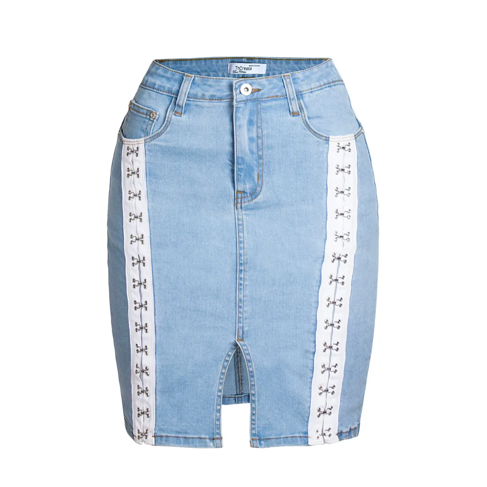 Женская джинсовая мини юбка LOGAMI облегающая с заклепками и высокой талией черного