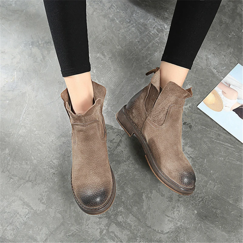 Ботильоны женские с круглым носком модная винтажная кожаная обувь без застежек