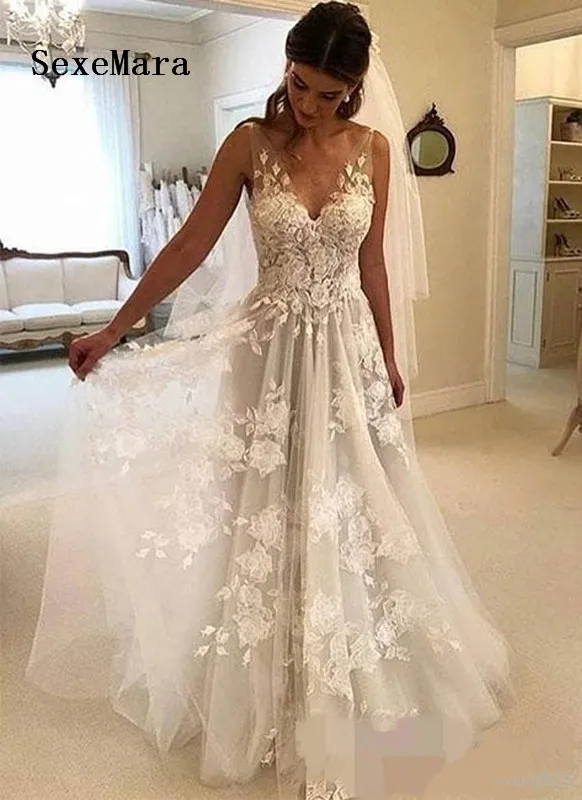 Новые Индивидуальные v-образным вырезом Свадебные платья с открытой спиной без