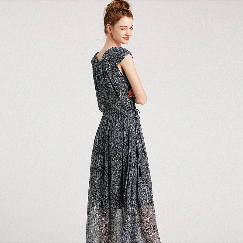 Женское длинное платье из 100% шелка плиссированное летнее в английском стиле с v