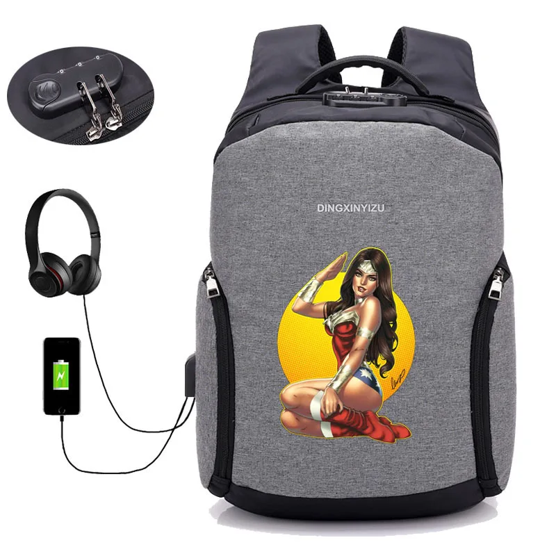 Comics Wonder Woman рюкзак с защитой от кражи с Usb зарядкой для ноутбука унисекс рюкзак водонепроницаемая дорожная сумка 12 стиль