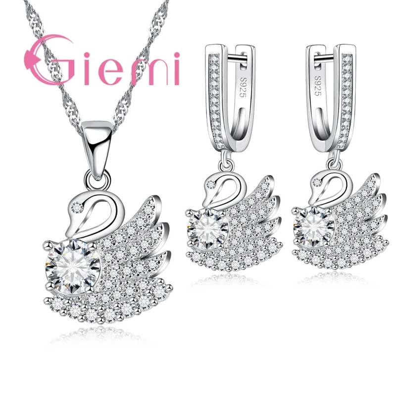 

Exquisite Cubic Zirconia Crystal 925 Sterling Silver Noble Swan Shape Intoxicating Female Necklace Earrings Set Wholesale