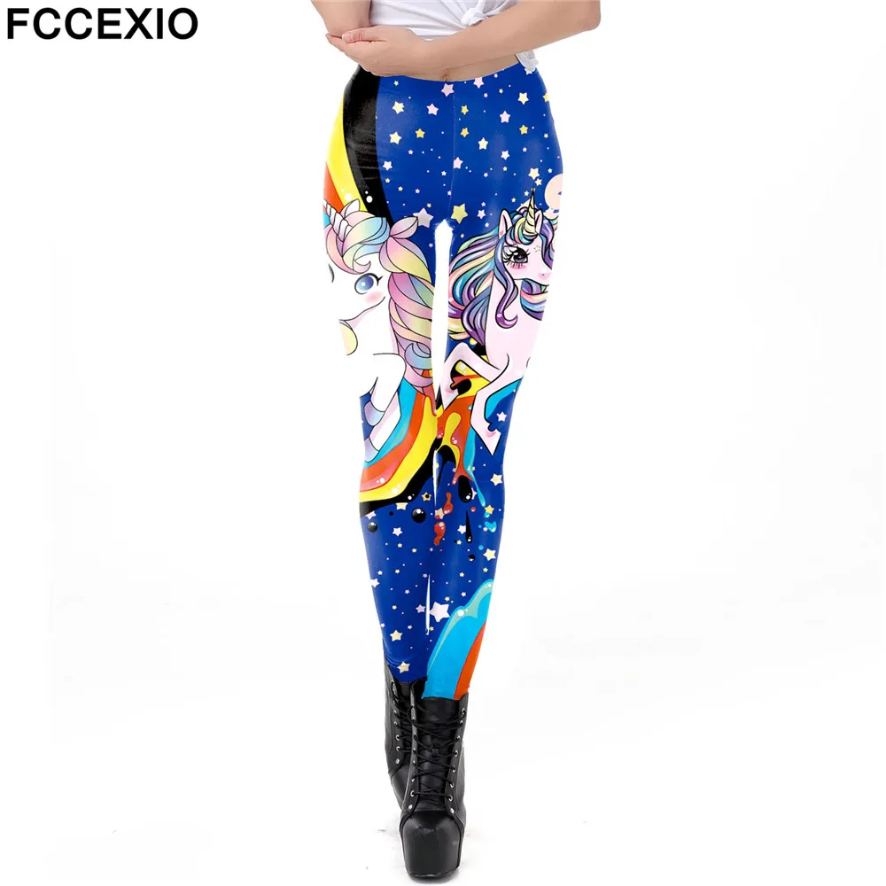 FCCEXIO 2019 Galaxy Women Leggings Kawaii Unicorn Print Leggin Highly Elastic Workout Female Fitness Legging  Leggins