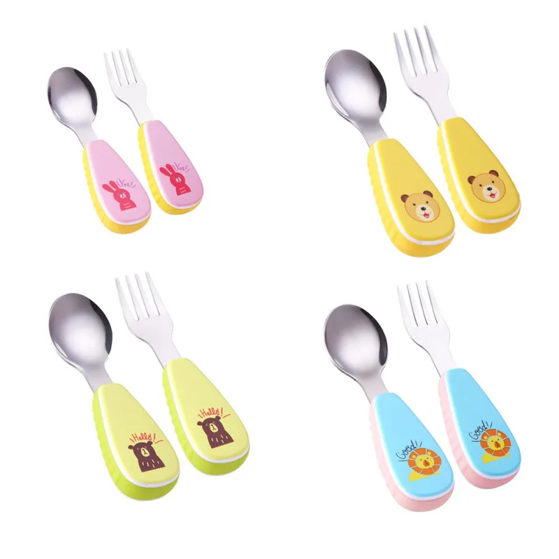 Juego de 2 unids/set de mesa para beb&eacute;, esponja de alimentaci&oacute;n con estampado encantador de dibujos animados para beb&eacute;, cuchara de alimentaci&oacute;n + tenedor, cuchara de acero inoxidable para beb&eacute; 2018-0