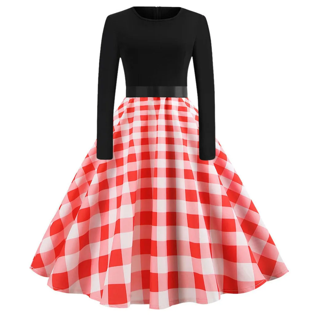Модное женское платье в красно белую клетку с рисунком страуса длинным рукавом и