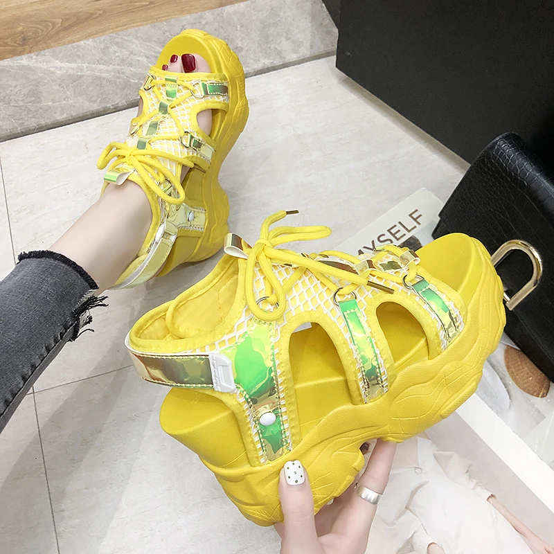 White Black Yellow Wedge Sandals Women 2019 Trendy Glitter Bling Height Increasing 10cm Peep Toe Summer Shoes | Обувь