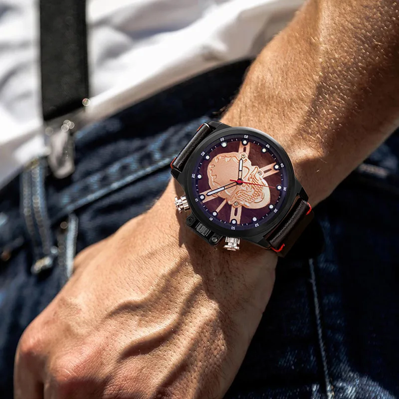 Часы Для мужчин спортивные модные Полые Череп 3D Дизайн большой циферблат мужской