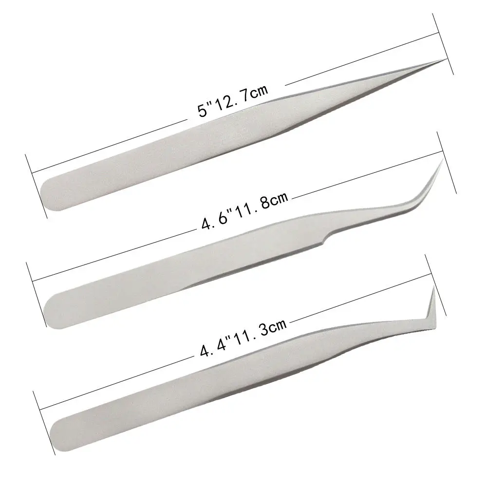 3 Pcs Eyelash Tweezer Straight Curved Stainless Steel Eyelash Clip Eyelash Extension Brow Tweezers Cosmetic Leather Case Makeup