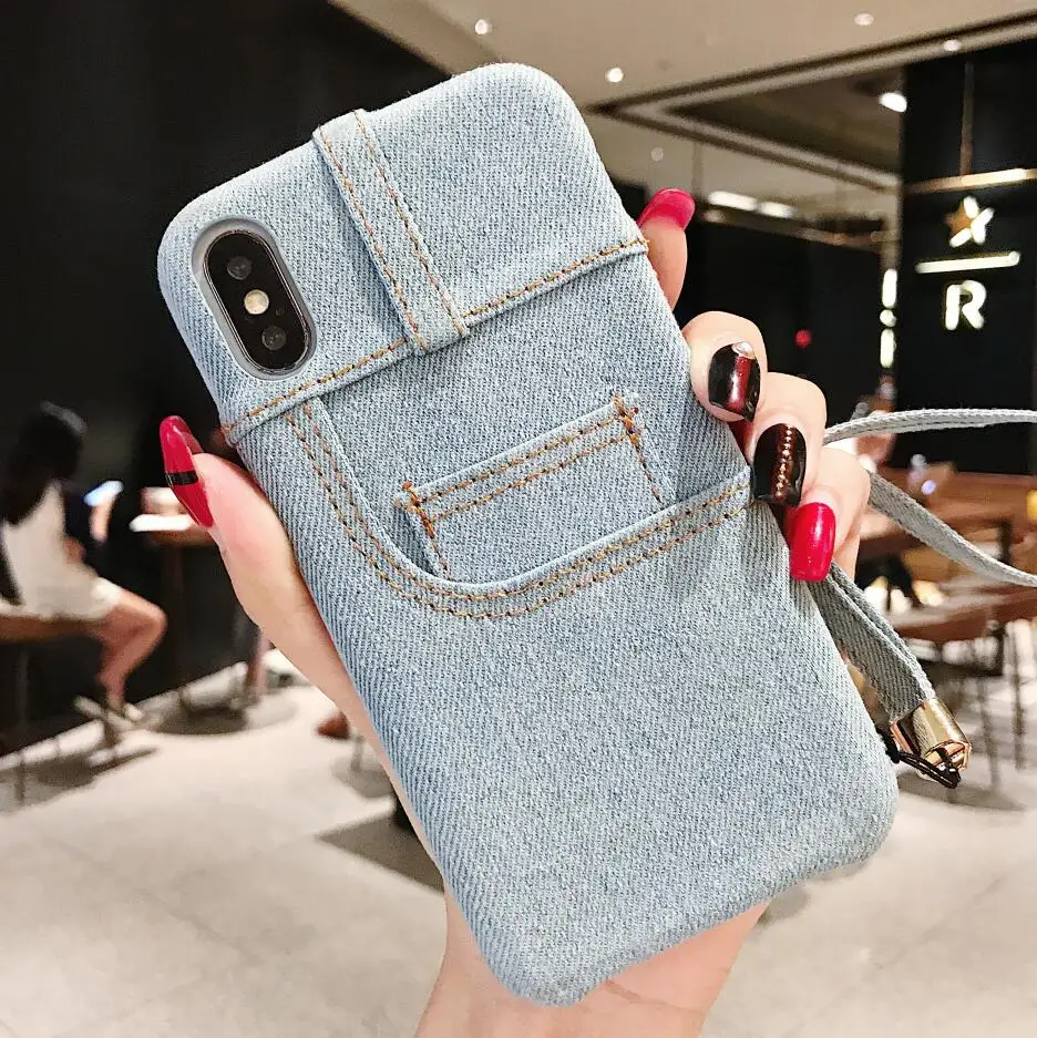 bdNZwhite Чехол для телефона джинсовая ткань противоударный для iPhone 7 6 6s 8 Plus X XS Чехлы для MAX XR держатель для карт ракушки задняя крышка с ремешком - Цвет: bdNZwhite