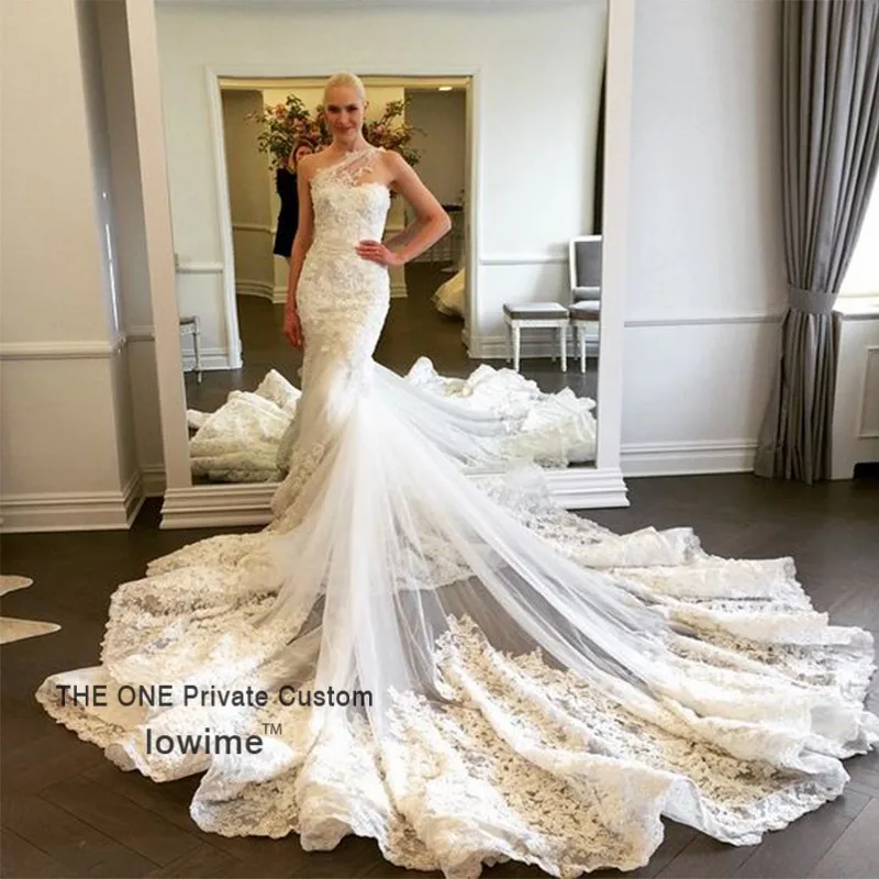 Одно Плечо Кружева Свадебные Платья 2017 Русалка С Собор Поезд Vestido Де Noiva Широкий